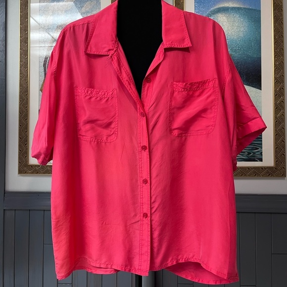 Vintage Tops - Vintage 100% Silk Blouse Bright Coral